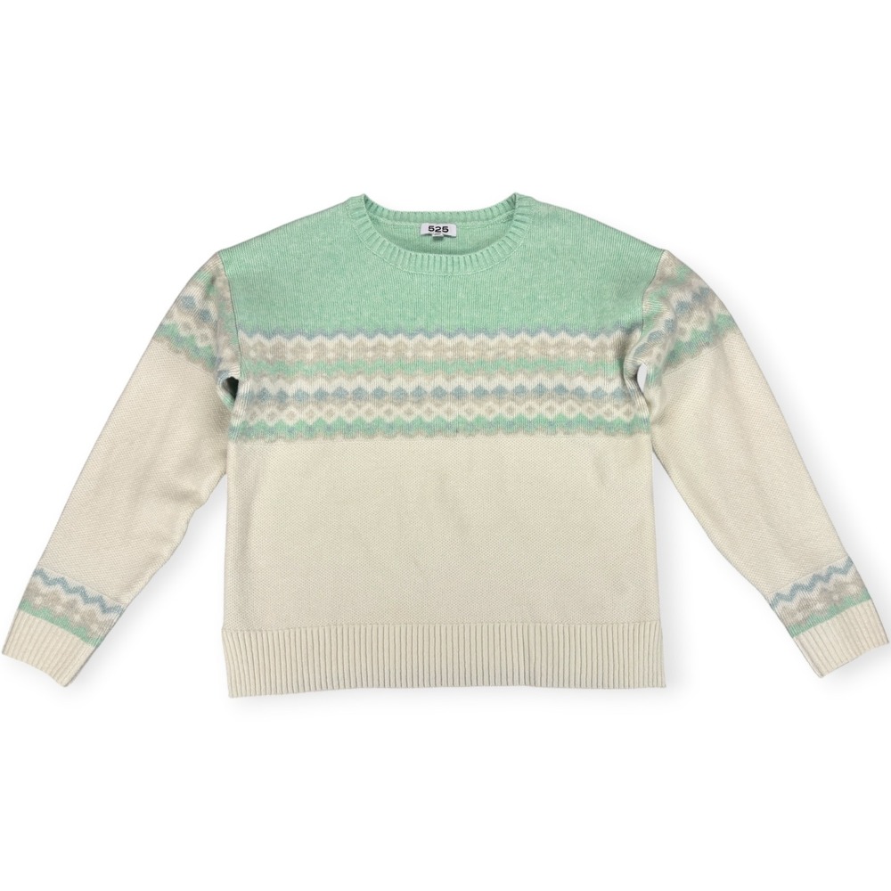 525 America Womens L Mint Fair Isle Sweater Cream Cozy Ski Lodge Fall Knit Soft